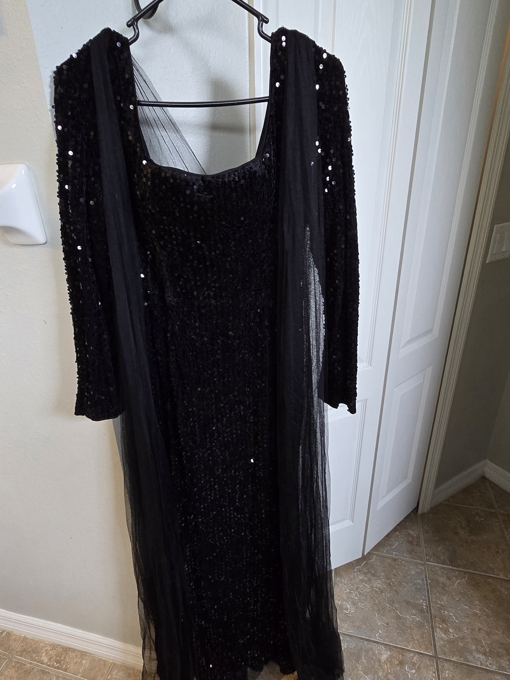 Black Velvet Sequin Evening Dress with Sheer Overlay Cape